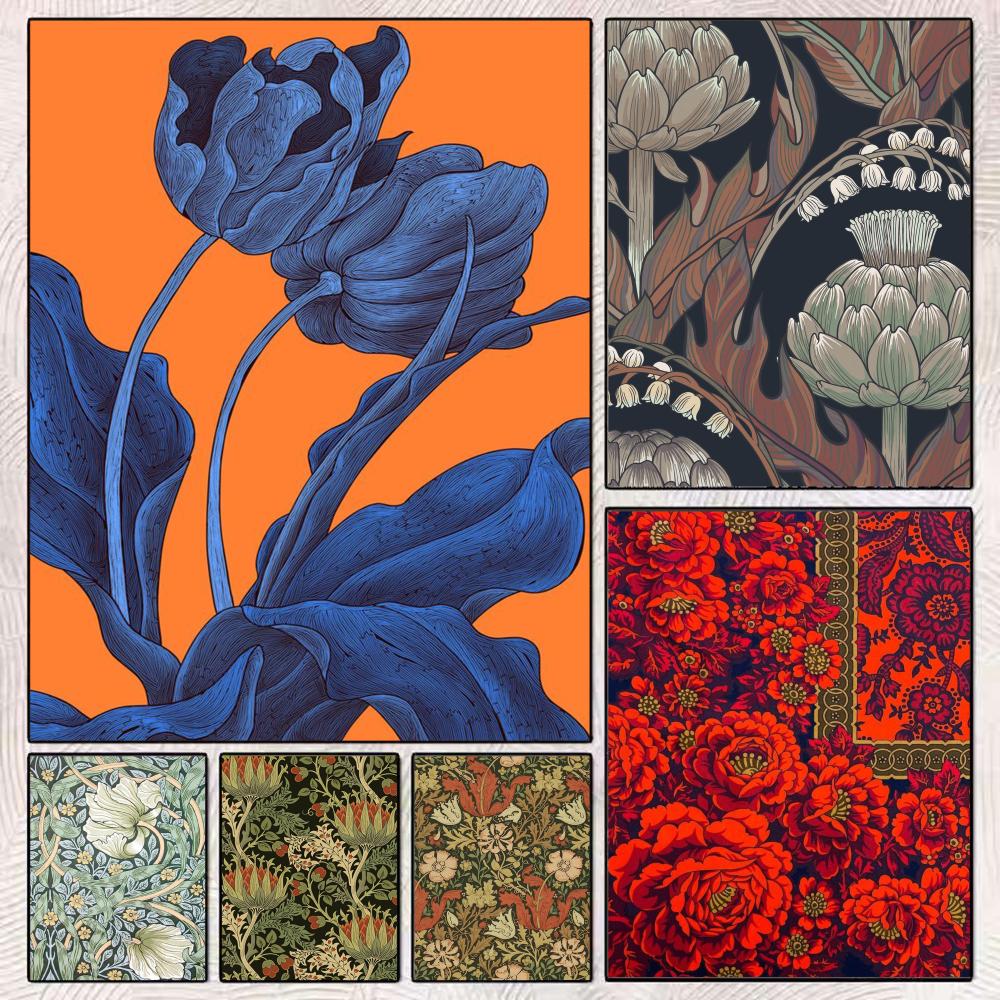 Art Craft William Morris - โปสเตอร์สติ๊กเกอร์ติดผนังแบบมีกาวในตัวที่ออกแบบมาสำหรับพื้นที่รับประทานอาหารในบ้านสำนักงาน ว-วิลเลียม มอร์ริส ดอกไม้ ใบไม้ นก