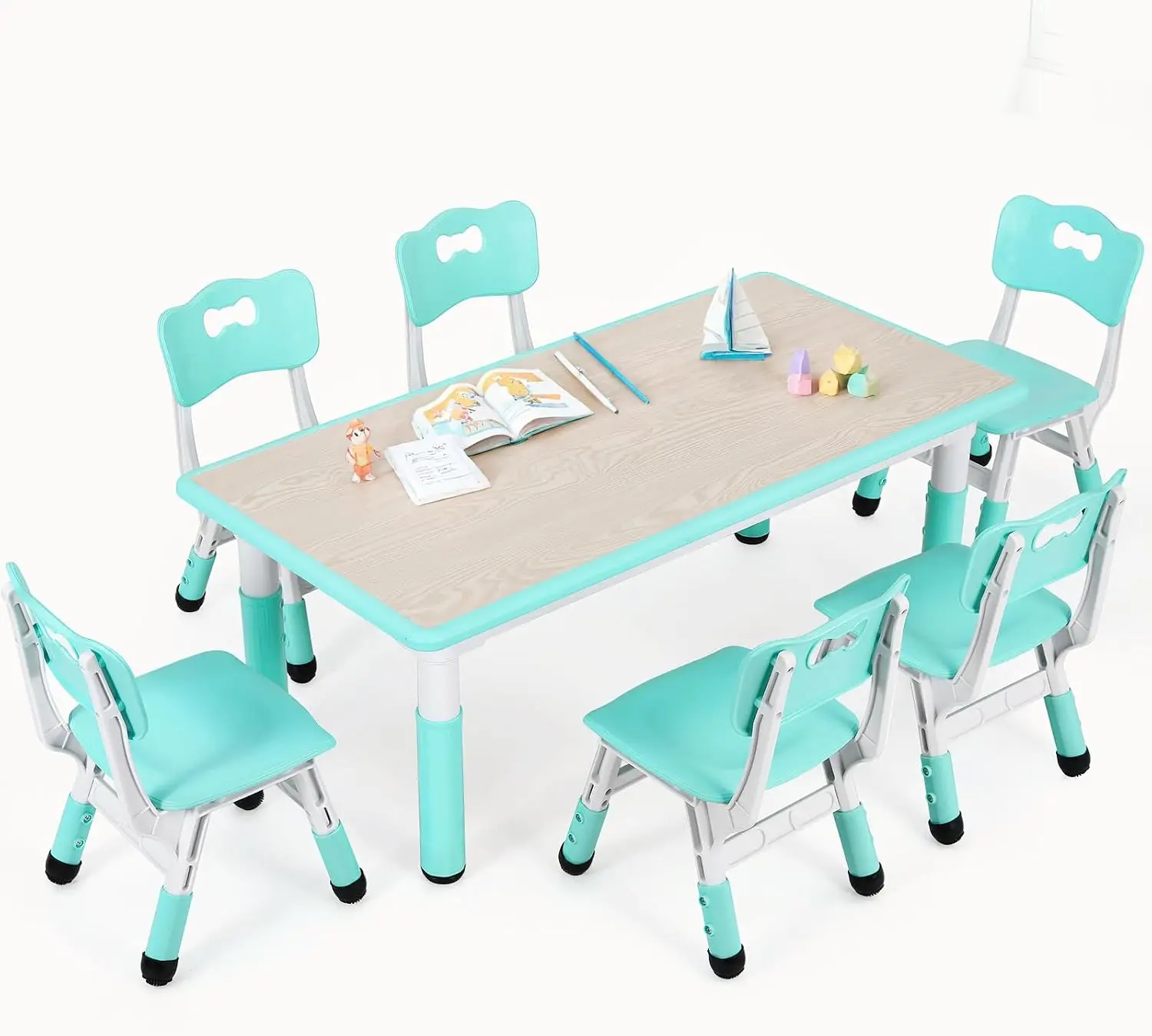Art Craft Preschool - ชุดโต๊ะและเก้าอี้สำหรับเด็ก 6 ตัว โต๊ะปรับระดับความสูงได้พร้อมลวดลายกราฟฟิตี้ | โต๊ะกิจกรรมศิลปะและงานฝีมือสำหรับเด็กก่อนวัยเรียน
