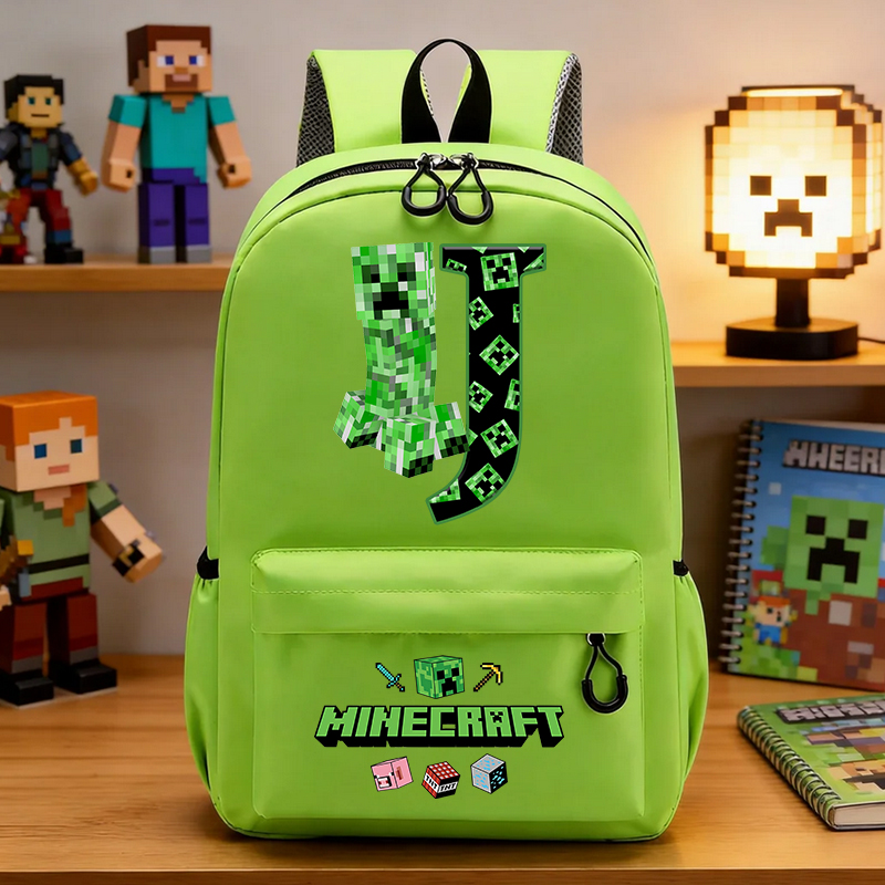 Art Craft Bag - กระเป๋านักเรียนประถมลายพิกเซลคนขุดเหมือง สีเขียว พิมพ์ตัวอักษร A-Z กระเป๋าเป้นักเรียนลายการ์ตูนยอดนิยม ของขวัญวันเกิด