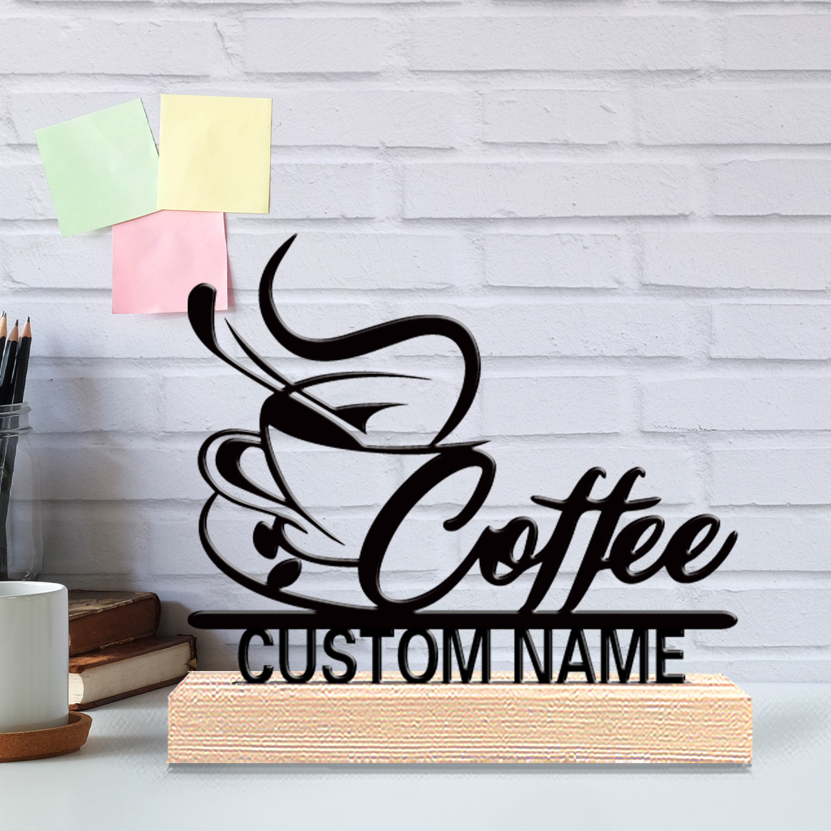 Art Craft Names - ของตกแต่งโลหะรูปปั้นกาแฟสมัยใหม่ 1 ชิ้น พร้อมฐานไม้ ของขวัญสำหรับเด็ก