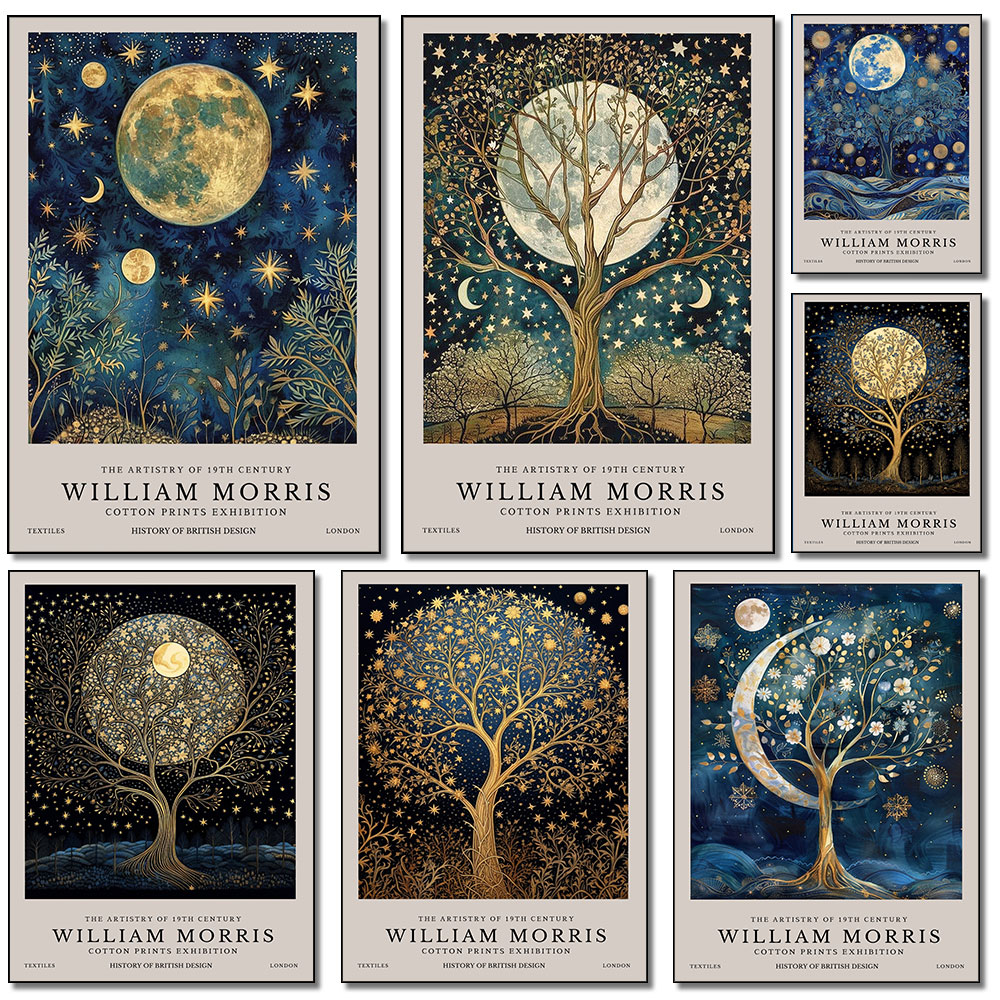Art Craft William Morris - เรโทร วิลเลียม มอร์ริส พระจันทร์และดวงดาวโปสเตอร์ภาพพิมพ์เพชรศิลปะบนผนังห้องนอนห้องทำงานห้องนั่งเล่นตกแต่งบ้าน