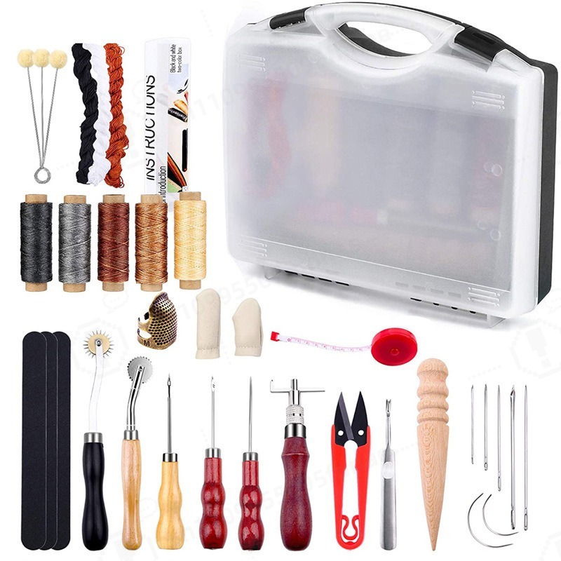 Leather Tooling Kit - ชุดเครื่องมือเย็บหนังด้วยมือ DIY ชุดงานหนังพื้นฐาน พร้อมเหล็กเจาะ ตะขอเกี่ยว ด้ายเคลือบ