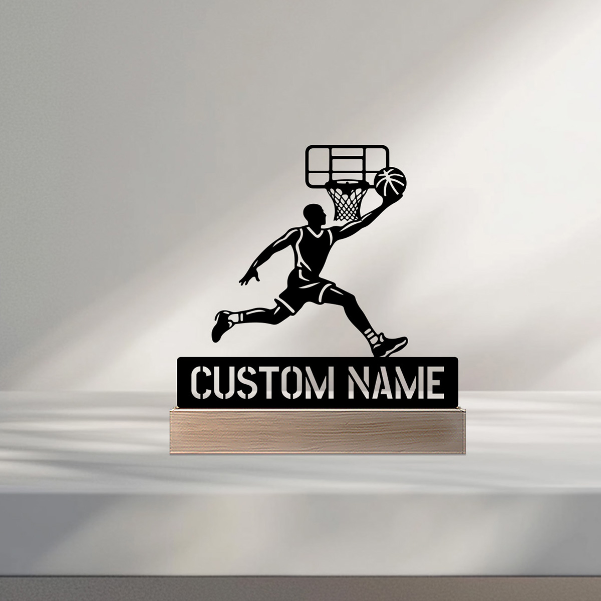 Art Craft Names - รูปปั้นบาสเกตบอลโลหะแบบเรียบง่าย 1 ชิ้น พร้อมฐานไม้ งานศิลปะตกแต่งเหล็ก งานฝีมือประติมากรรมดีบุก
